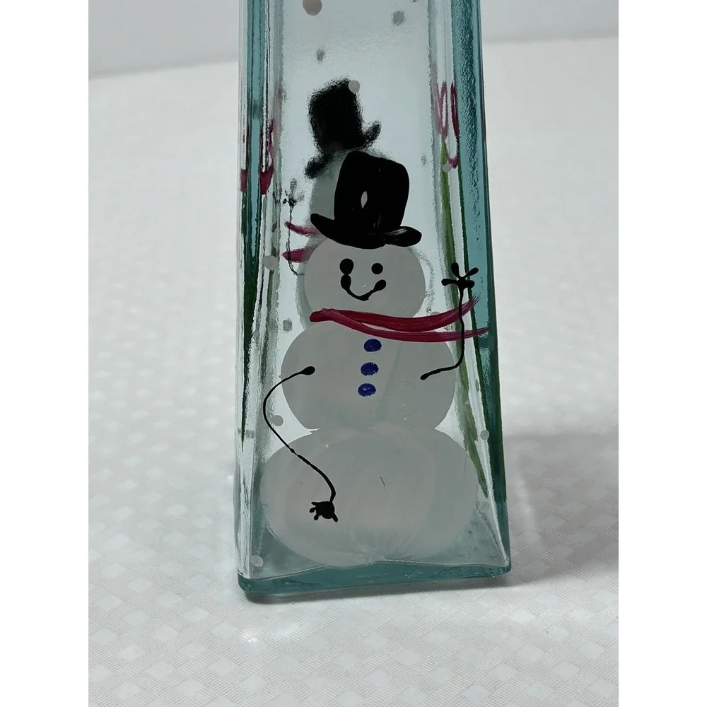 Clear Hand Painted Snowman & Christmas Tree Flower Bud Vase Bottle